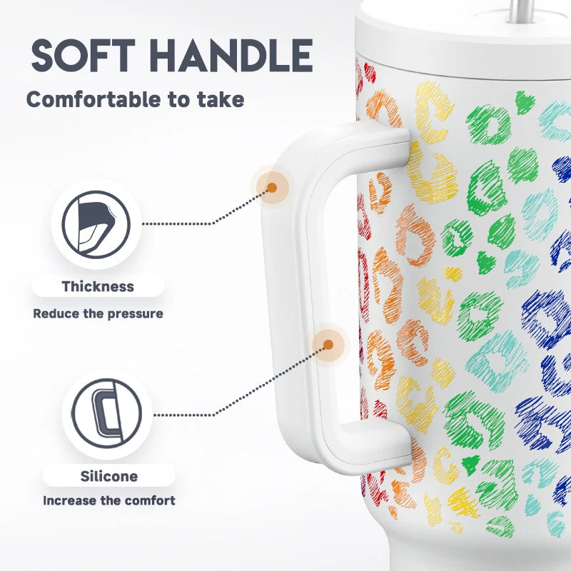 40Oz Cup Tumbler with Handle Straw Stainless Steel Multi-Prints Coffee Cup Travel Water Bottle Leak-Proof Car Mug Gifts