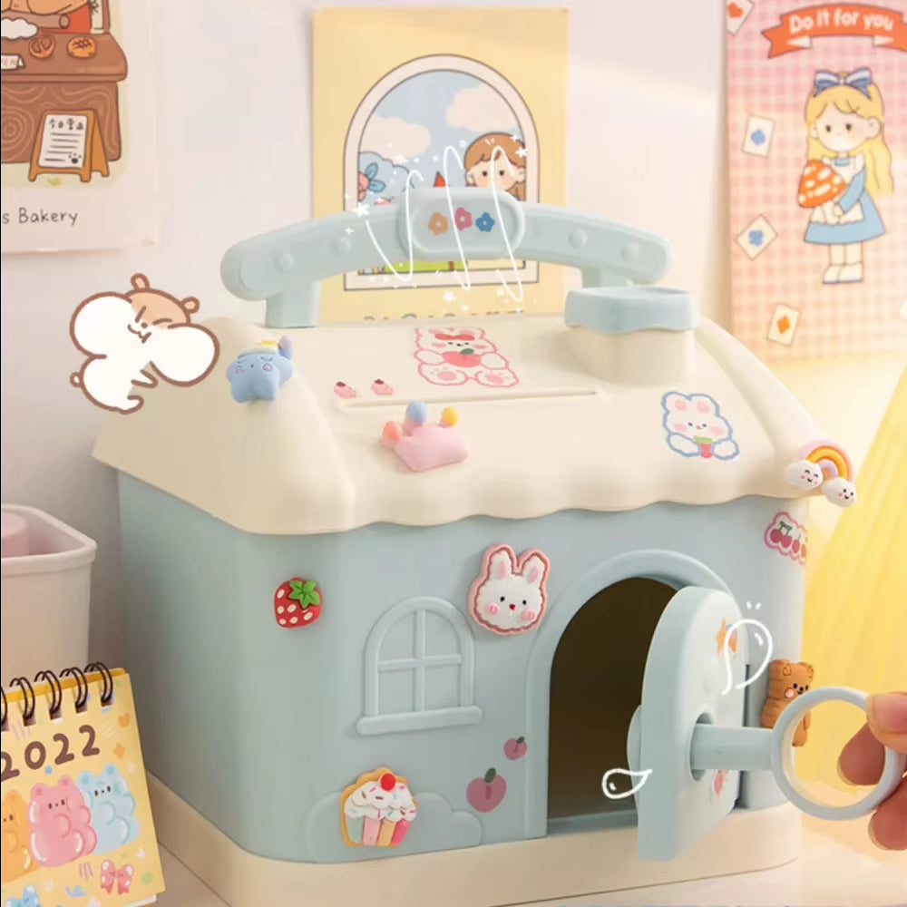 Money Box Piggy Bank Creative Cartoon Design Cute Little House Depositable Large Capacity Plastic Money Box