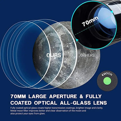70Mm Aperture Refractor Telescopes (15X-180X) for Astronomy Beginners, Portable Travel Telescope with Phone Adapter