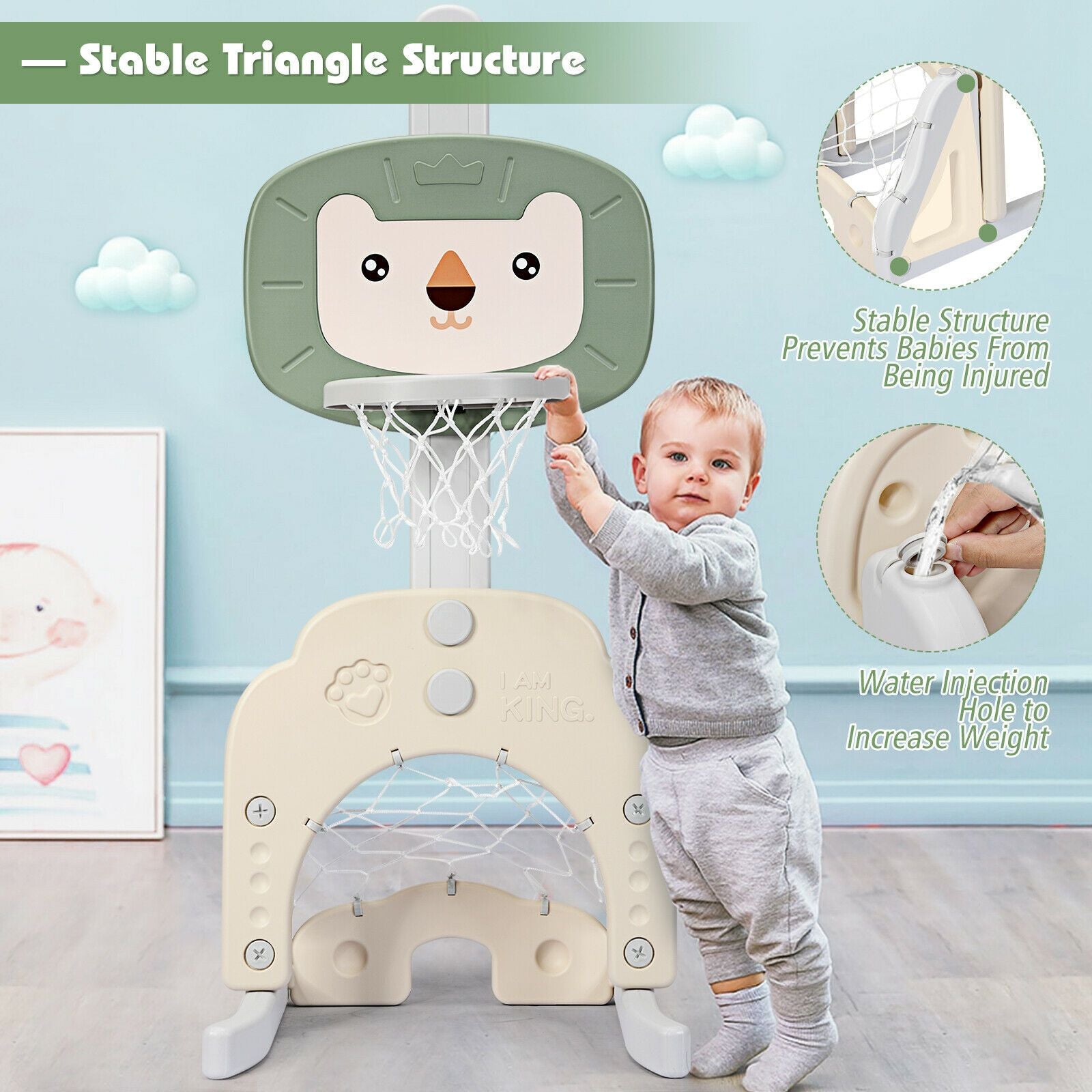 3-In-1 Basketball Hoop Set Stand with 5 Adjustable Height Levels