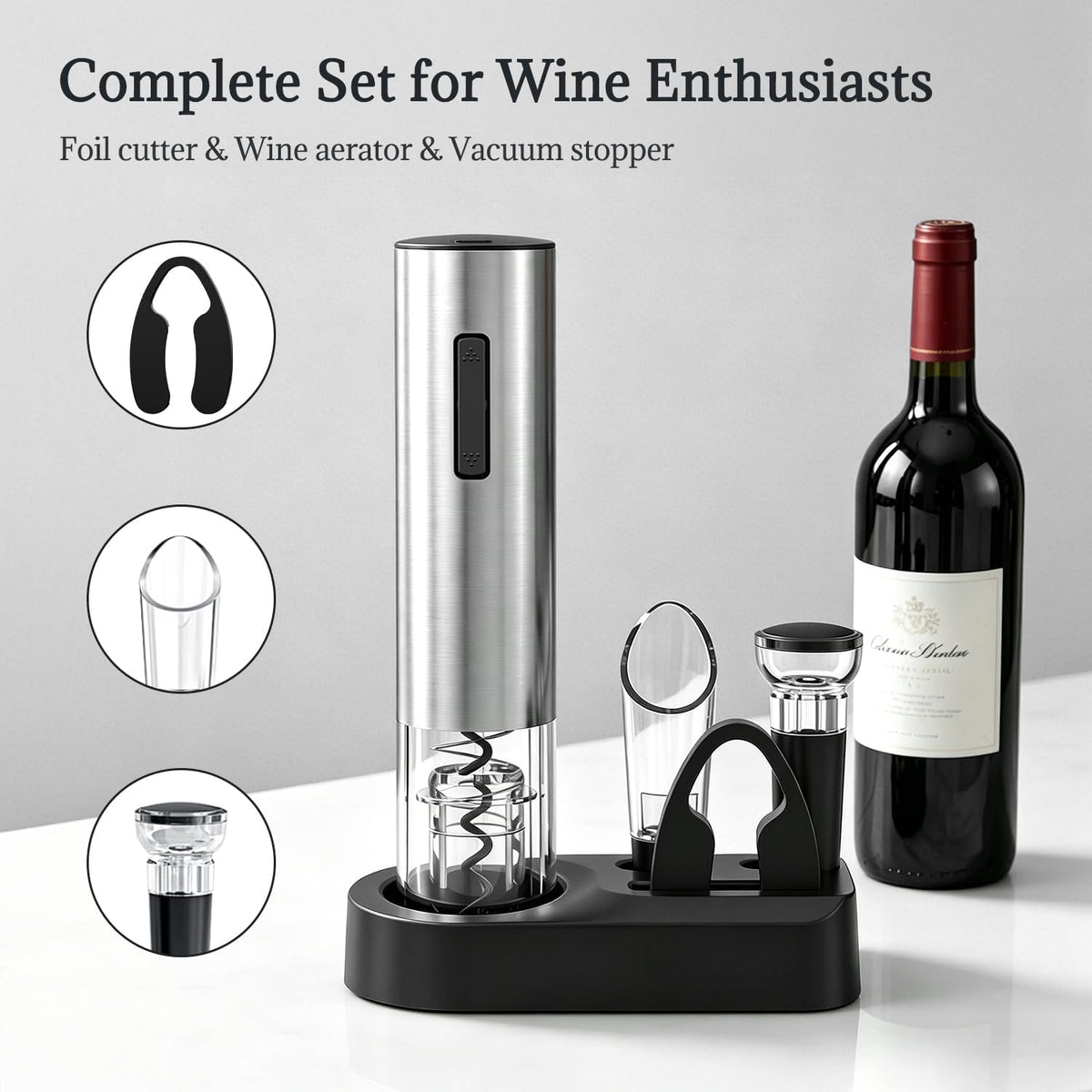 Vinolux Rechargeable Wine Opener Set – Electric Corkscrew with Foil Cutter, LED Light & Stainless Steel Shell, Wine Aerator Pourer, Vacuum Stopper & Base – Gift for Wine Lovers
