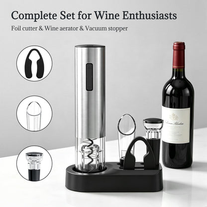 Vinolux Rechargeable Wine Opener Set – Electric Corkscrew with Foil Cutter, LED Light & Stainless Steel Shell, Wine Aerator Pourer, Vacuum Stopper & Base – Gift for Wine Lovers