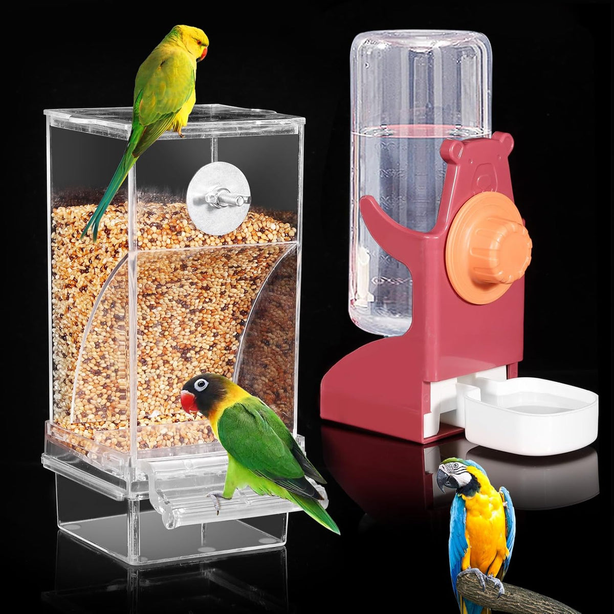 No Mess Bird Feeder Water Dispenser Set, Automatic Parrot Feeder Cage Accessories, Clear Parakeet Seed Container Food Feeder Drinker for Cage, Cockatiel Squirrel Finch Lovebirds Budgies Canary