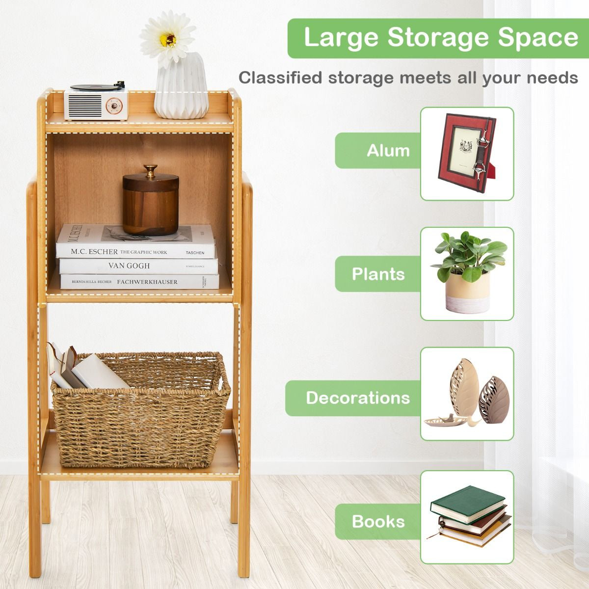 3 Tier/4 Tier Free Standing Tall Bamboo Bookshelf with Legs