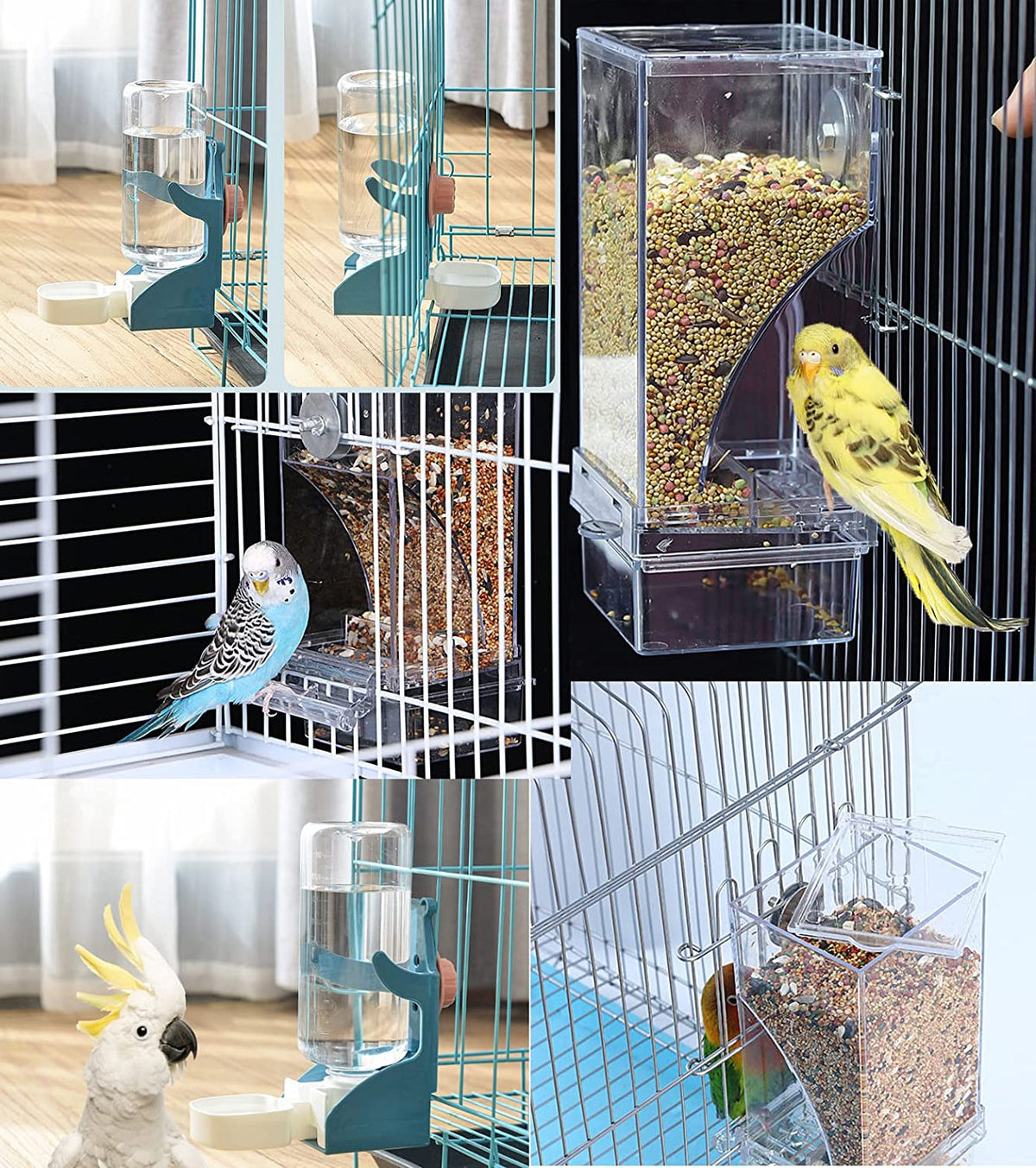 No Mess Bird Feeder Water Dispenser Set, Automatic Parrot Feeder Cage Accessories, Clear Parakeet Seed Container Food Feeder Drinker for Cage, Cockatiel Squirrel Finch Lovebirds Budgies Canary