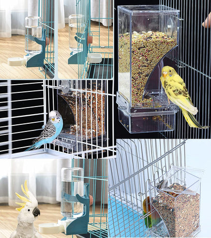 No Mess Bird Feeder Water Dispenser Set, Automatic Parrot Feeder Cage Accessories, Clear Parakeet Seed Container Food Feeder Drinker for Cage, Cockatiel Squirrel Finch Lovebirds Budgies Canary