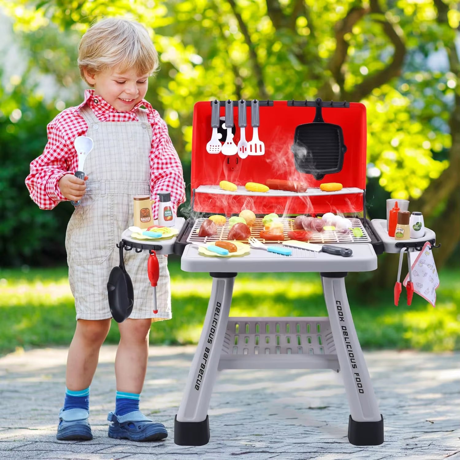 Children'S BBQ Grill Toy, Kitchen Playset, Realistic Smoke BBQ Grill Playset with Toy Kitchen Accessories.