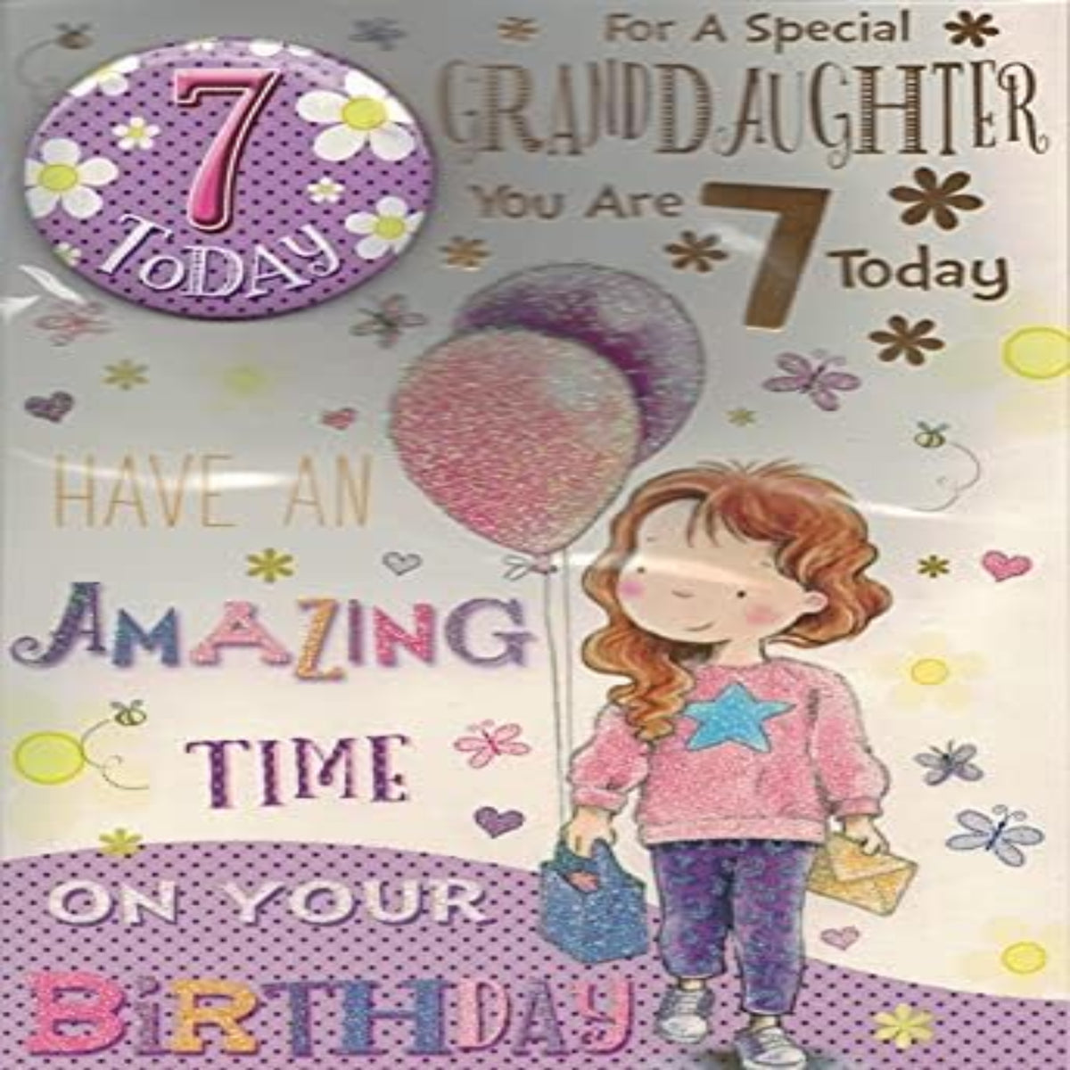 7th Birthday Card for Granddaughter with Badge    -    9 x  6  inches