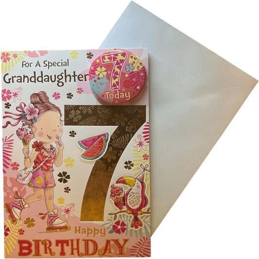 7th Birthday Card for Granddaughter with Badge    -    9 x  6  inches