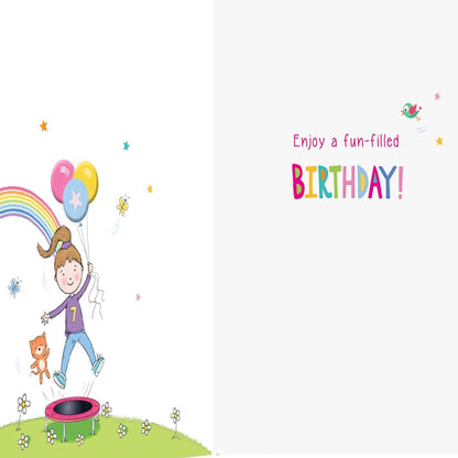 7th Birthday Card for Girl | Cute Cat Trampolining Birthday Card -  Multi-color  -  19 x 14 cm