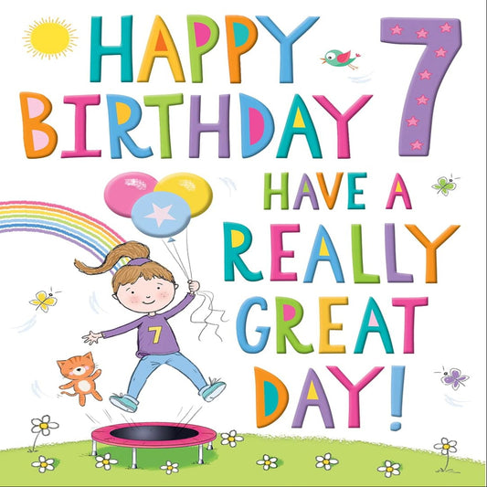 7th Birthday Card for Girl | Cute Cat Trampolining Birthday Card -  Multi-color  -  19 x 14 cm