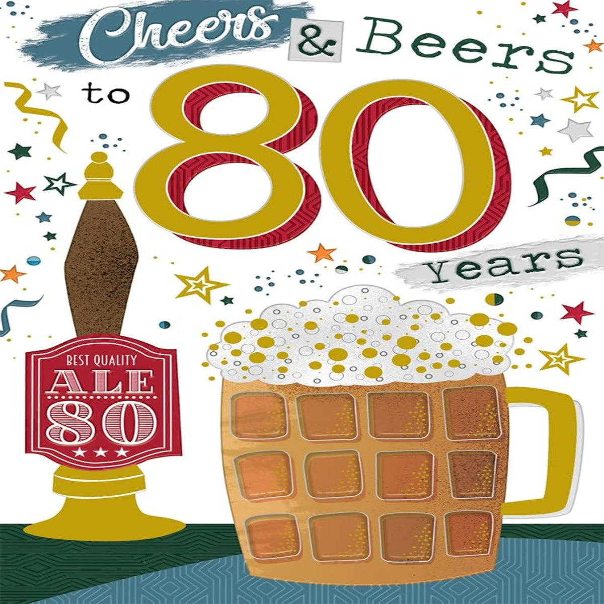 80th Birthday Card | Cheers & Beers Design Happy Birthday Card  -   15cm  x  23cm