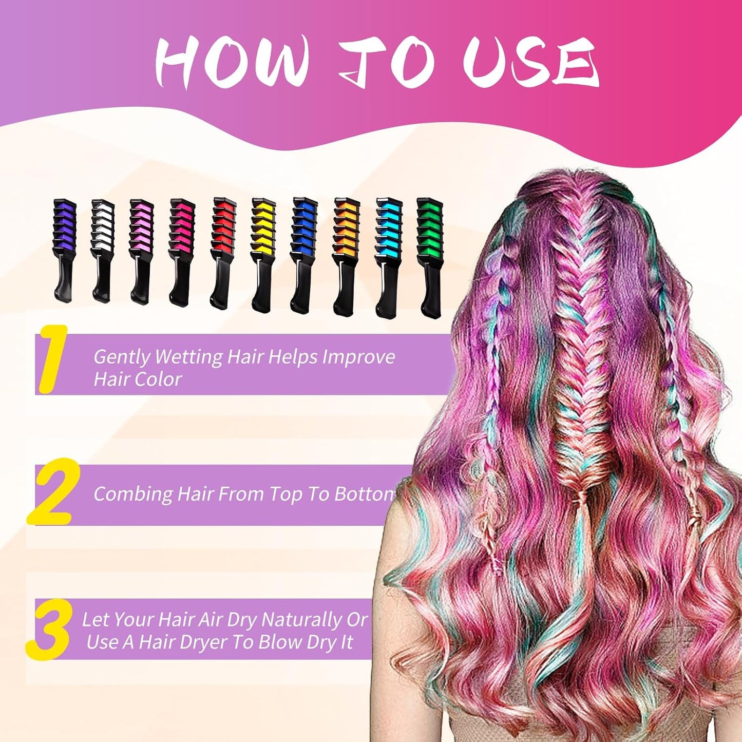 10Pcs Hair Chalk Comb, Temporary Bright Hair Color Cream Washable Instant Hair Dye Combs Hair Coloring Coloured Hair Spray Wash Out for Kids Girls Boys Halloween Makeup Birthday Cosplay Carnival
