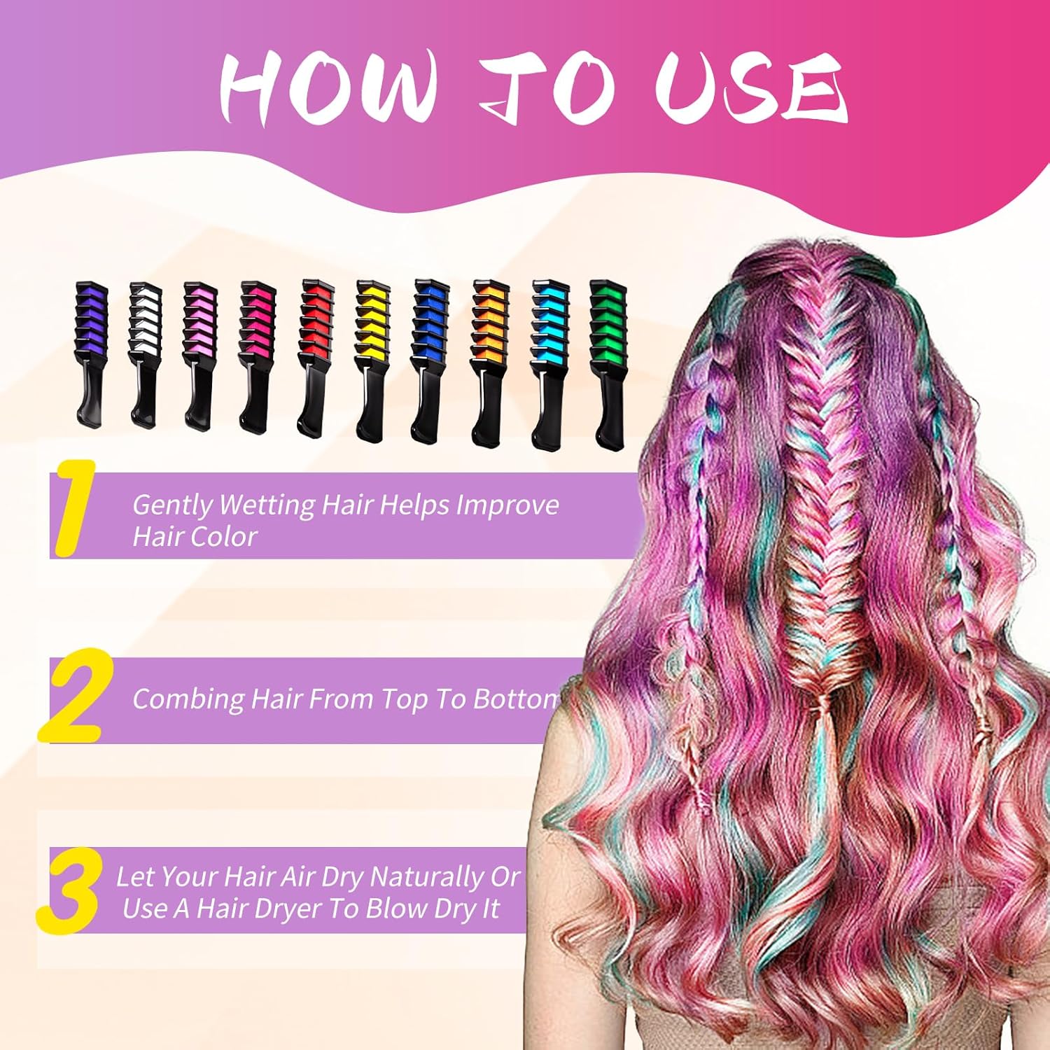10Pcs Hair Chalk Comb, Temporary Bright Hair Color Cream Washable Instant Hair Dye Combs Hair Coloring Coloured Hair Spray Wash Out for Kids Girls Boys Halloween Makeup Birthday Cosplay Carnival
