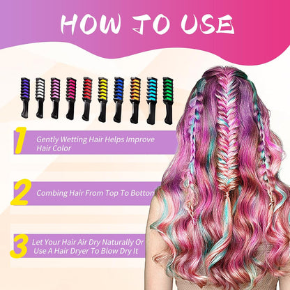 10Pcs Hair Chalk Comb, Temporary Bright Hair Color Cream Washable Instant Hair Dye Combs Hair Coloring Coloured Hair Spray Wash Out for Kids Girls Boys Halloween Makeup Birthday Cosplay Carnival
