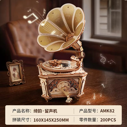 Spot Official Qiyun Phonograph Music Box DIY Handmade Music Puzzle Assembly Building Block Model for Girls' Birthday Gift