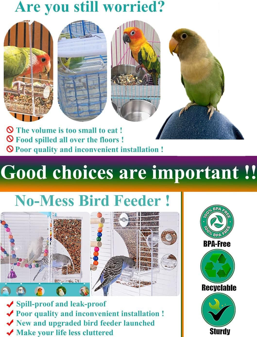 No Mess Bird Feeder Water Dispenser Set, Automatic Parrot Feeder Cage Accessories, Clear Parakeet Seed Container Food Feeder Drinker for Cage, Cockatiel Squirrel Finch Lovebirds Budgies Canary