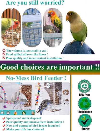 No Mess Bird Feeder Water Dispenser Set, Automatic Parrot Feeder Cage Accessories, Clear Parakeet Seed Container Food Feeder Drinker for Cage, Cockatiel Squirrel Finch Lovebirds Budgies Canary