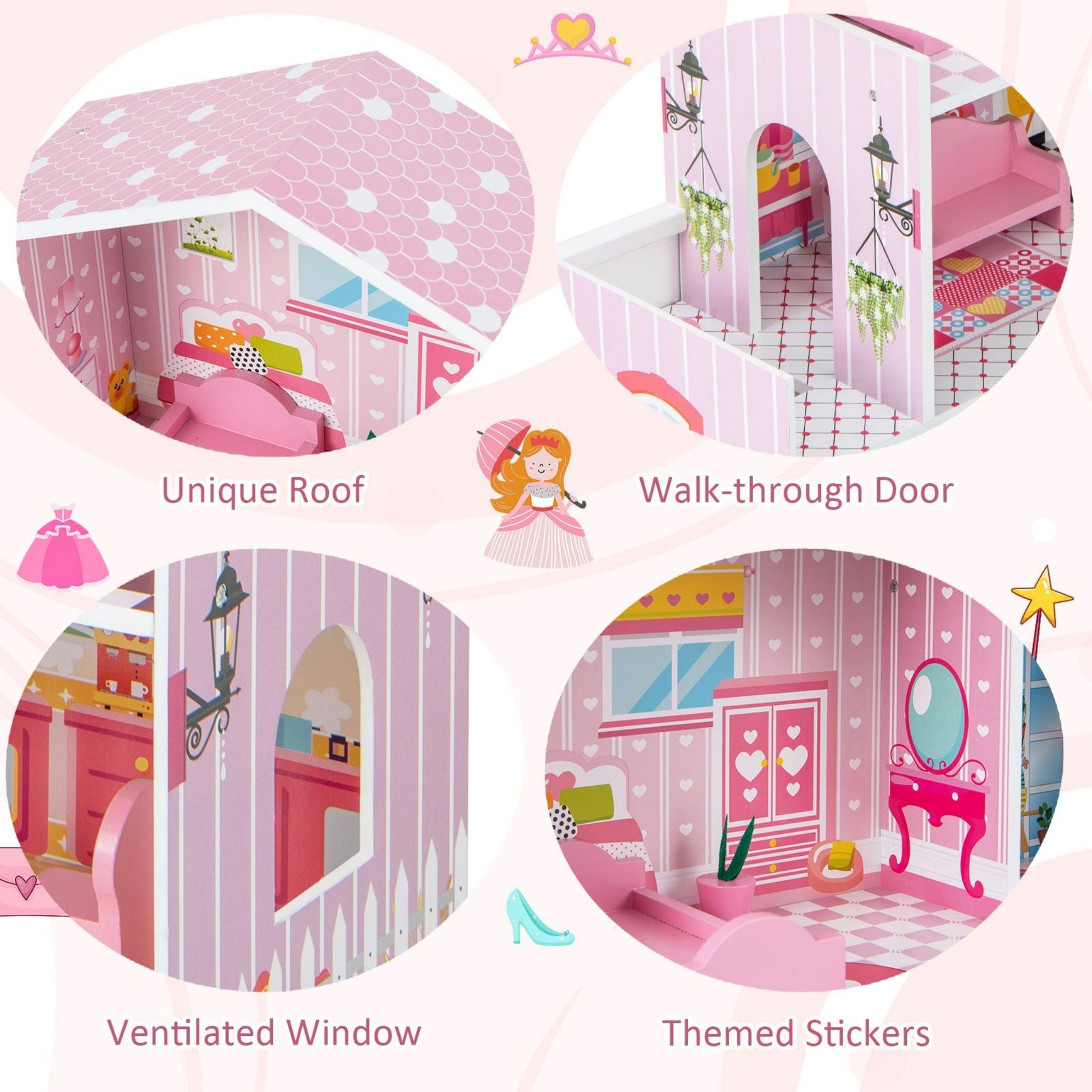 Kids Wooden Dollhouse DIY Pretend for Toddlers 3-7 Years Old