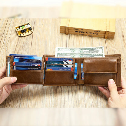 Handmade Cowhide Wallet Men'S Leather Short Anti-Theft Swipe Wallet Large Capacity Trend Wallet Men