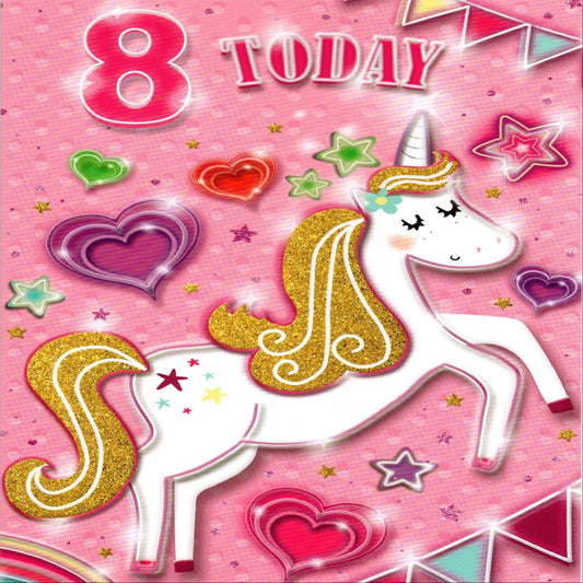 8th Birthday Card for Girl | Unicorn Hearts & Stars Happy Birthday Card  -  132 x 196mm