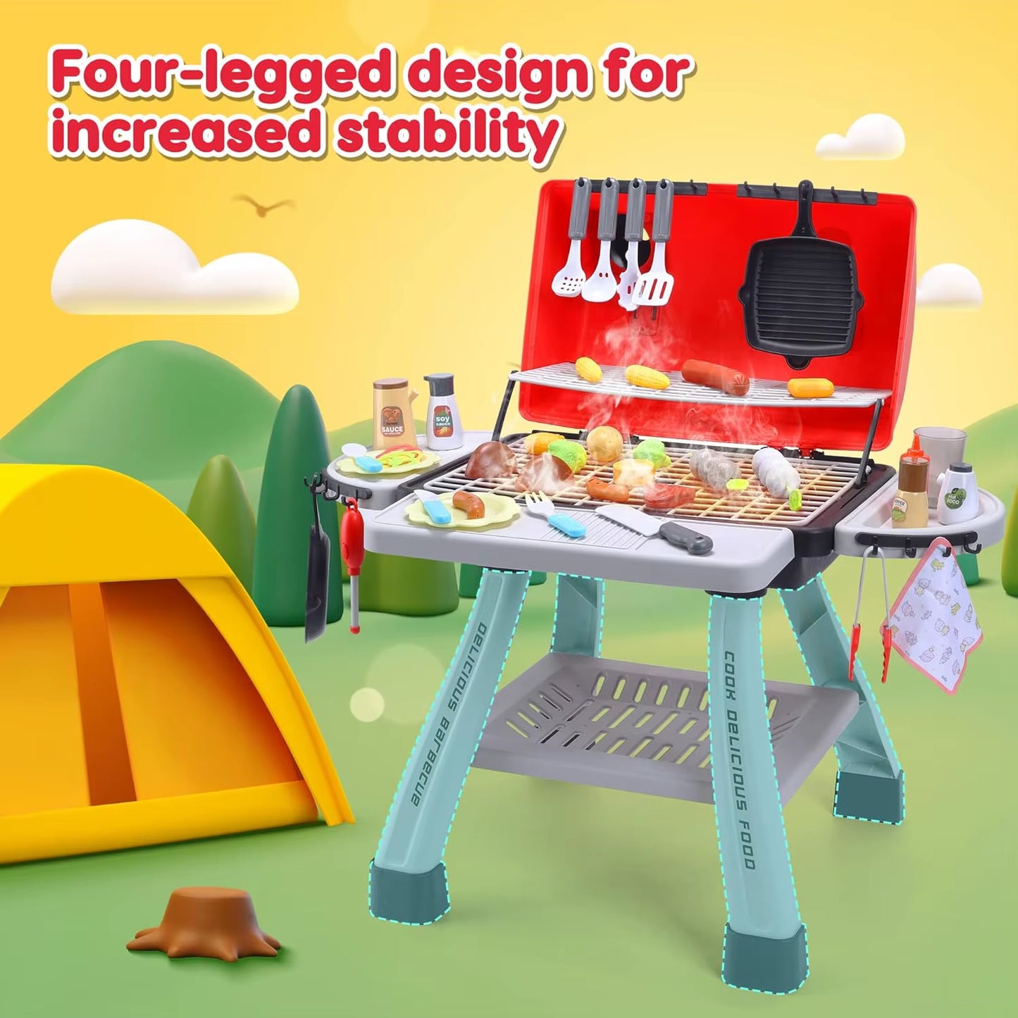 Children'S BBQ Grill Toy, Kitchen Playset, Realistic Smoke BBQ Grill Playset with Toy Kitchen Accessories.