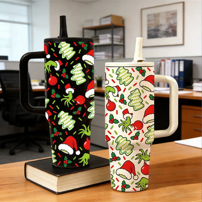 1PC 40Oz Christmas Insulated Tumbler with Handle & Lid, Santa Claus, Candy Cane, Christmas Tree & Holiday Print, Double Wall Stainless Steel Travel Coffee Mug, Large Capacity Cup for Home, Office, Travel, Christmas Gift