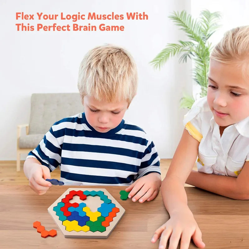 3D Hexagonal Wooden Puzzles Educational Toys for Children Kids Preschool Tangram Board Brain IQ Test Game Montessori Toys Gifts