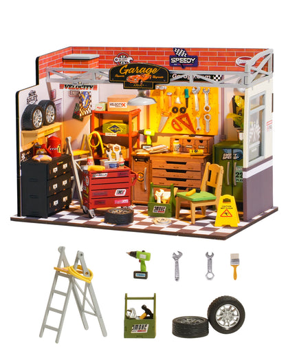DIY Miniature House Kit Mini Dollhouse Garage Workshop Tiny House Making Kit with LED Light Decorative for Children