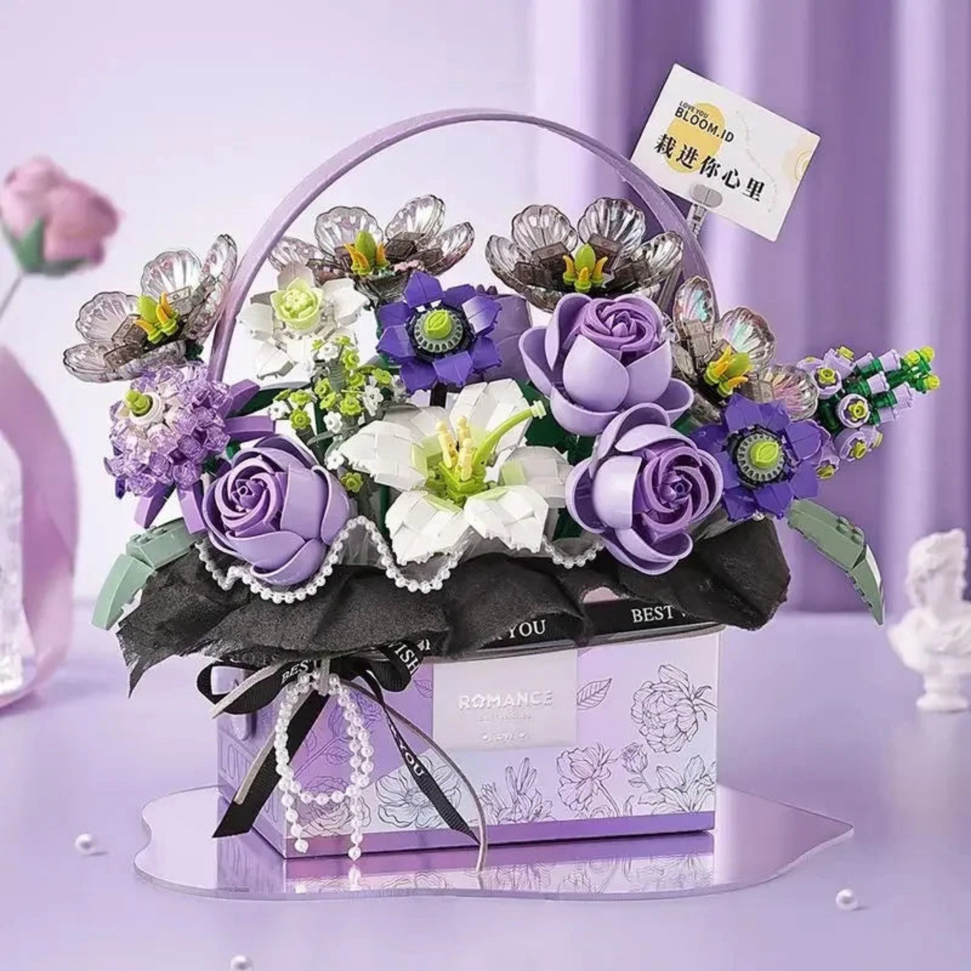 Creative Pink Rose Basket Bouquet Building Blocks Portable Flower Bouquet Gift Box Series Model Bricks Girls Gifts Kids Toys