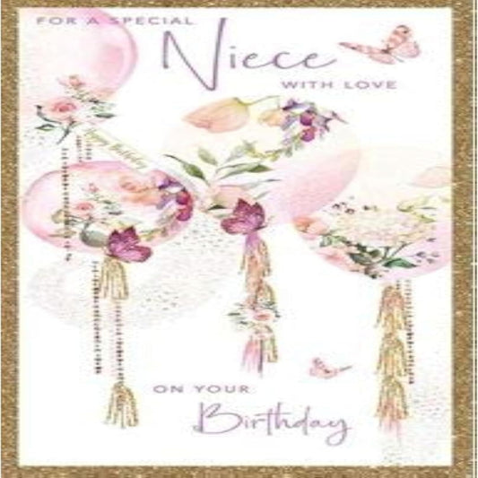 Artistic Niece Birthday Card with Floral Balloons   –   Nigel Quiney  -   232mm  x  128mm