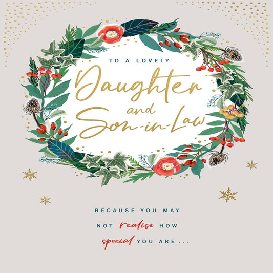 Avant Garde Christmas Card for Daughter & Son-in-Law   –   Traditional Wreath Christmas Card  -   9  x  6 inches