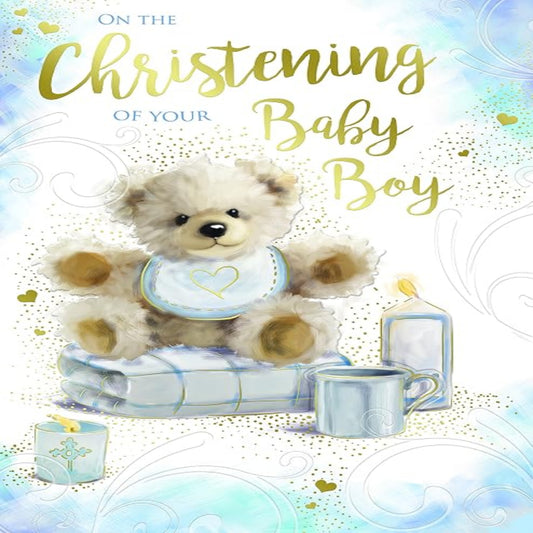 Baby Boy Christening Card with Bear and Bib Design