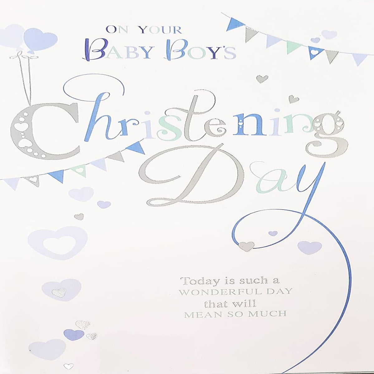 Baby Boy Christening Congratulations Card | Bunting & Balloons  -  133  x  197mm