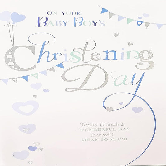 Baby Boy Christening Congratulations Card | Bunting & Balloons  -  133  x  197mm