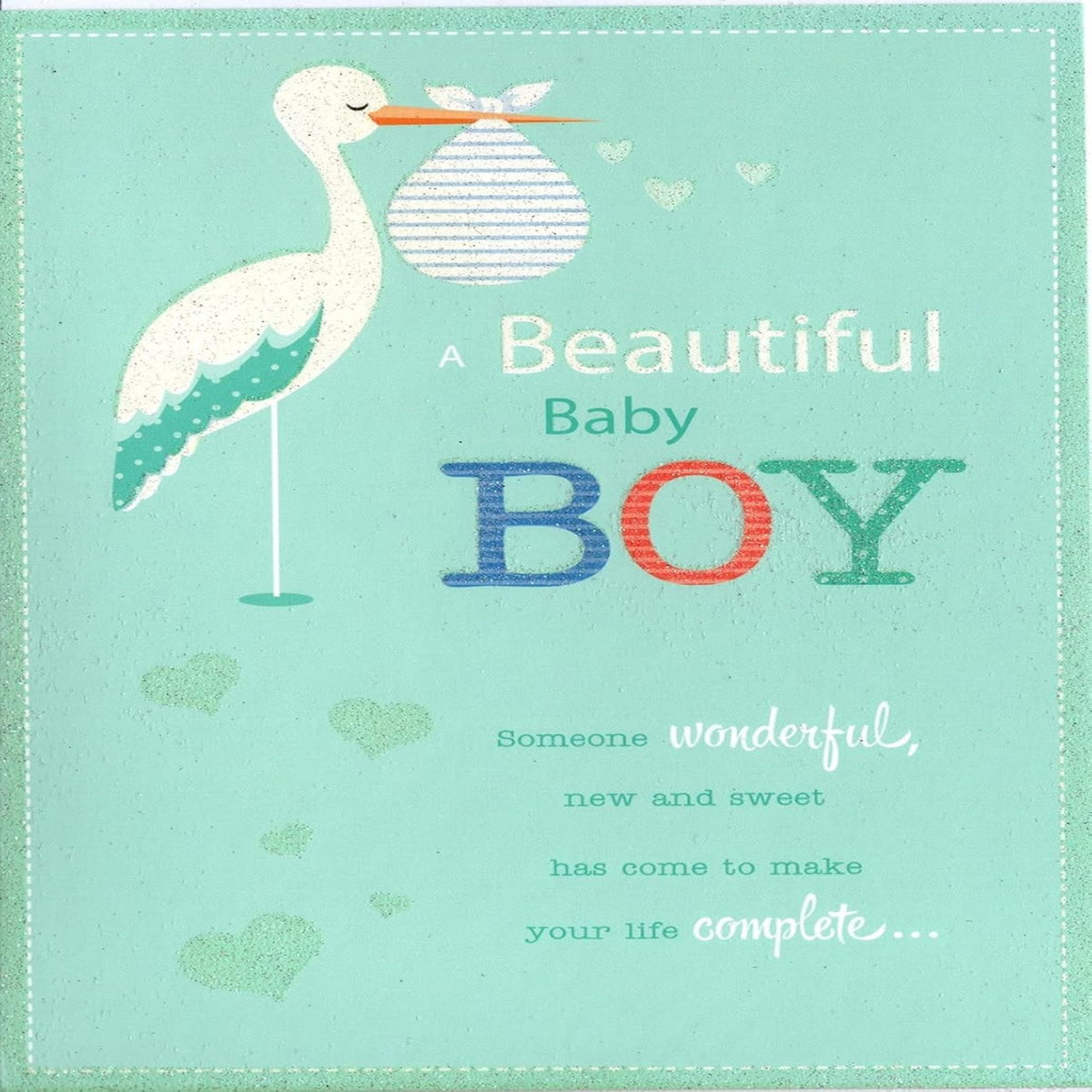 Baby Boy Congratulations Card with Stork & Glitter | New Baby Card   -   134 x 191mm