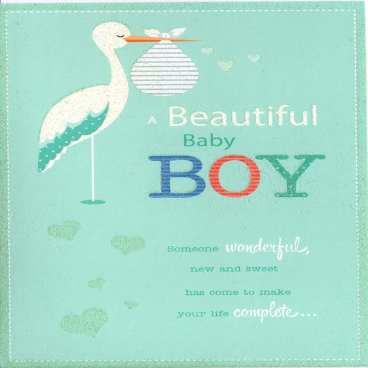 Baby Boy Congratulations Card with Stork & Glitter | New Baby Card   -   134 x 191mm