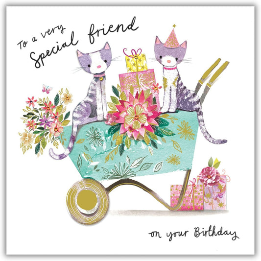 Birthday Card for Special Friend | Cats & Flowers Design  -   158  x  158 mm