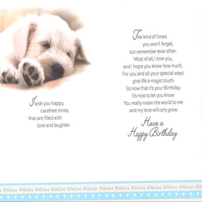 Boyfriend Birthday Card with Sleeping Puppy Dog Design  -  Loving Verse and Gold Foil