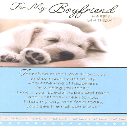 Boyfriend Birthday Card with Sleeping Puppy Dog Design  -  Loving Verse and Gold Foil