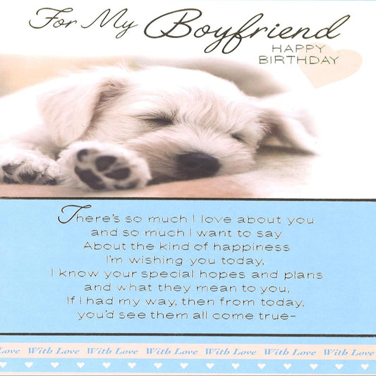 Boyfriend Birthday Card with Sleeping Puppy Dog Design  -  Loving Verse and Gold Foil