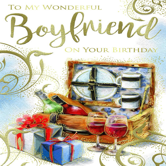 Boyfriend Birthday Card   –    Wine Hamper Design with Verse       -    15.2cm   x   22.8cm