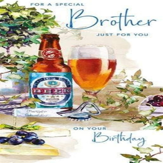 Brother Birthday Card  –   Nigel Quiney Birthday Beer Card with Blue Foil Finish   -   125  x  232mm