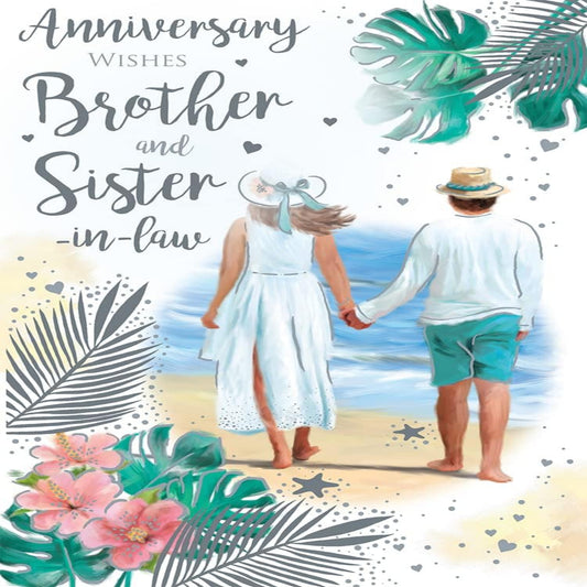 Brother & Sister-in-Law Anniversary Card   –   Beach Couple    -    9  x  6  inches