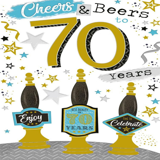 Cheers & Beers 70th Birthday Card | Beer Design Happy 70th Birthday Card    -  15cm x 23cm