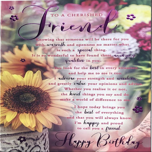 Cherished Friend Birthday Card       –     Floral Design with Lovely Verse     -   210   x   290 mm