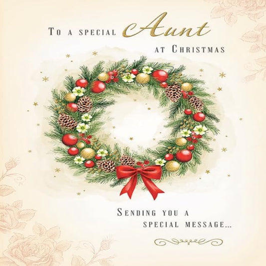 Piccadilly Greetings Christmas Card to a Special Aunt – Wreath Design - 8 x 6 inches
