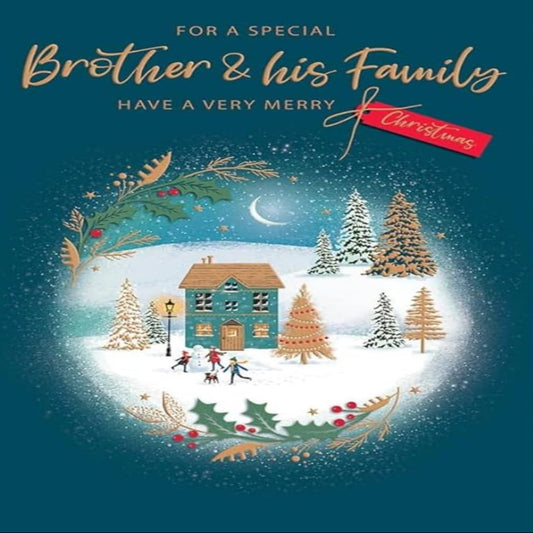 Piccadilly Greetings Classic Christmas Card for Brother & Family – House Design  - 9 x 6 inches