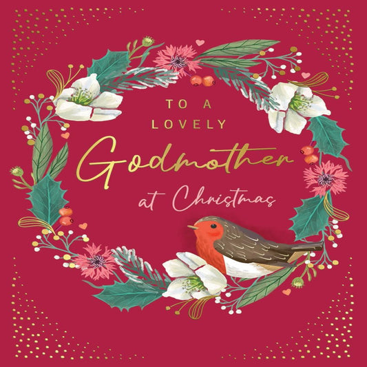 Christmas Card for Godmother     –   Robin Wreath Design    -    8  x  6 inches