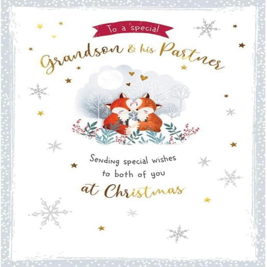 Christmas Card for Grandson & Partner   –   Cute Fox Couple   -   Piccadilly Greetings  -   8  x  6 inches